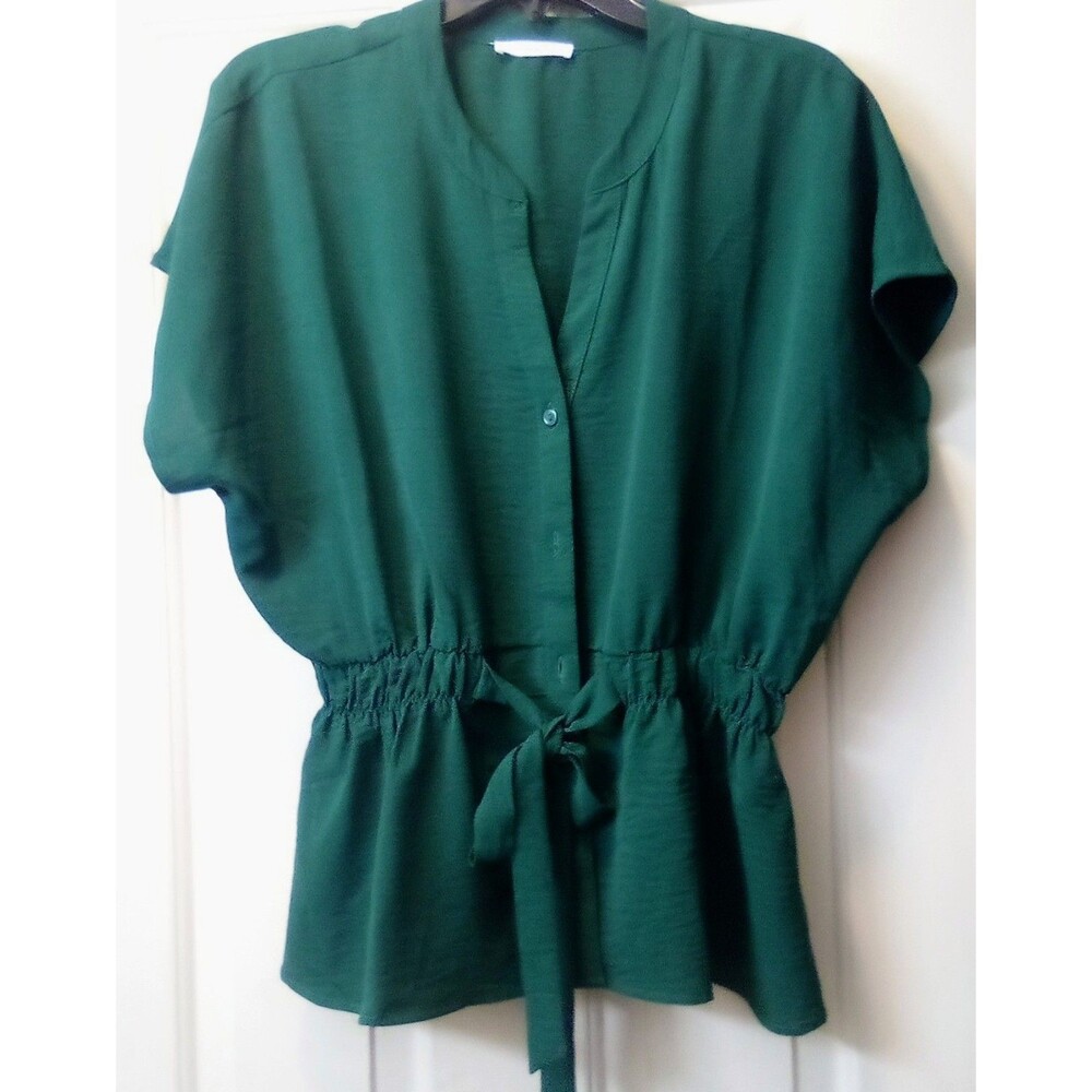 TIMING Women's Green Solid Button-Front Short Sleeve Blouse Size L Regular